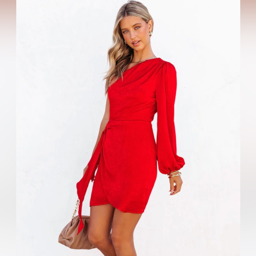 SLAY IT BABE ONE SHOULDER SIDE BUCKLE MINI DRESS - RED size large